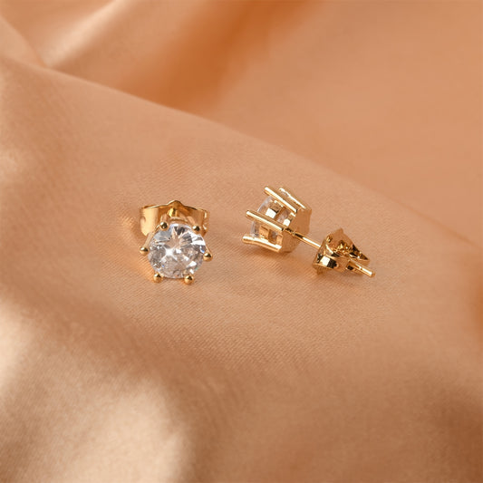 18K Gold Plated 6-Prong Zircon Stud Earrings Classic Studs Titanium Alloy Jewelry For Women Girls Gift